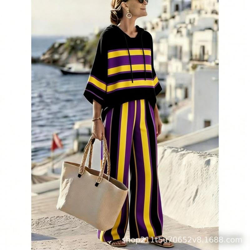 16 Women's Striped Casual V-Neck Hooded Drawstring Seven-Sleeve Wide Leg Pants Suit Vacation Bohemia