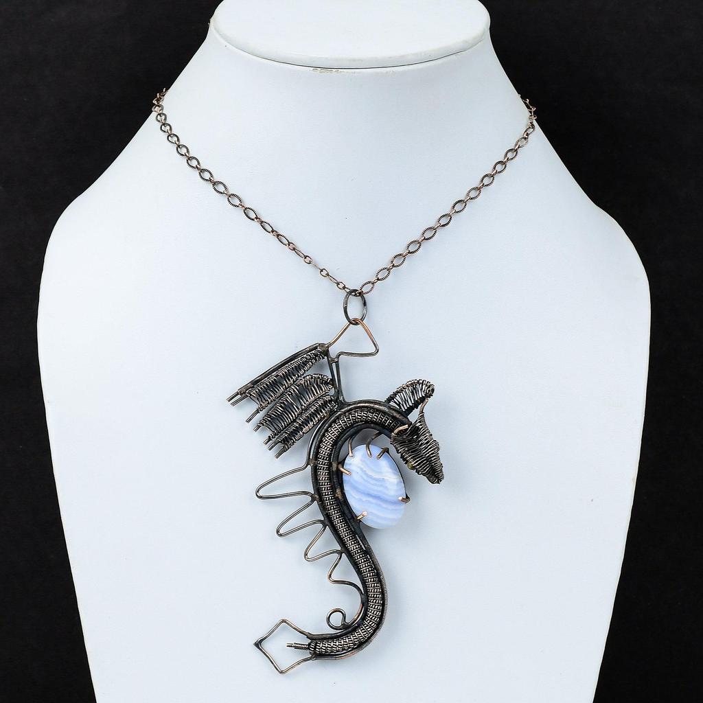 Синий Кружевной Агат Кулон Медная Проволока Обернутый Кулон Дракон Кулон Медные Ювелирные Изделия Ручной Работы Совершенно Новый Кулон Ювелирные Изделия Из Драгоценных Камней Свадебные Подарки