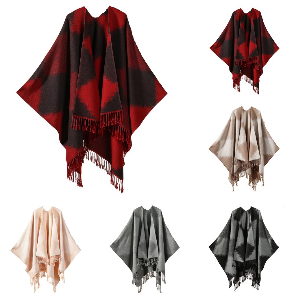 Ladies' Fashionable Single-color Fringed Slit Shawl, Double-sided Three-dimensional Wavy Warm Imitation Cashmere Scarf, Cloak Cardigan