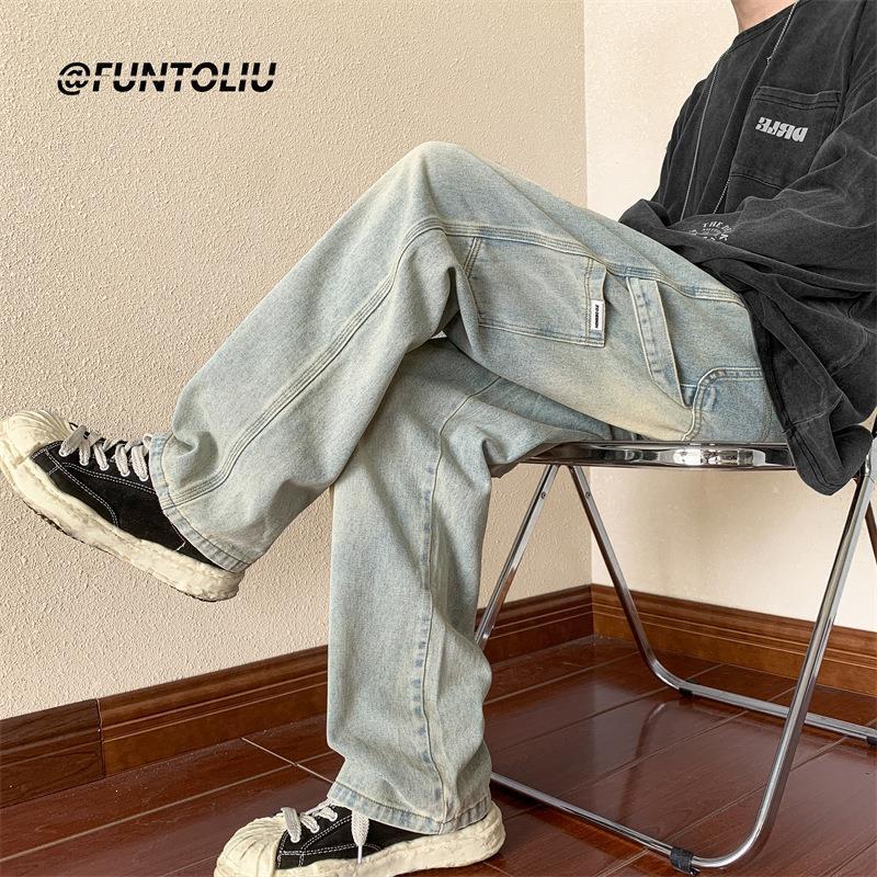 Мужские американские ретро коричневые джинсы с широкими штанинами: Универсальный, свободный, уличный осенний комбинезон