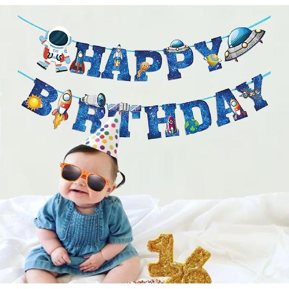 Astronaut Space Ship Happy Birthday Banner,Outer Space Happy Birthday Bunting Boys Birthday Party Banner Decoration Blue