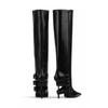 Fashion New Black Belt Buckle Tab High-heel Knee High Boots Autumn Winter Women Fashion Pole Dance Pointed Solid Color Long Boots 35-44
