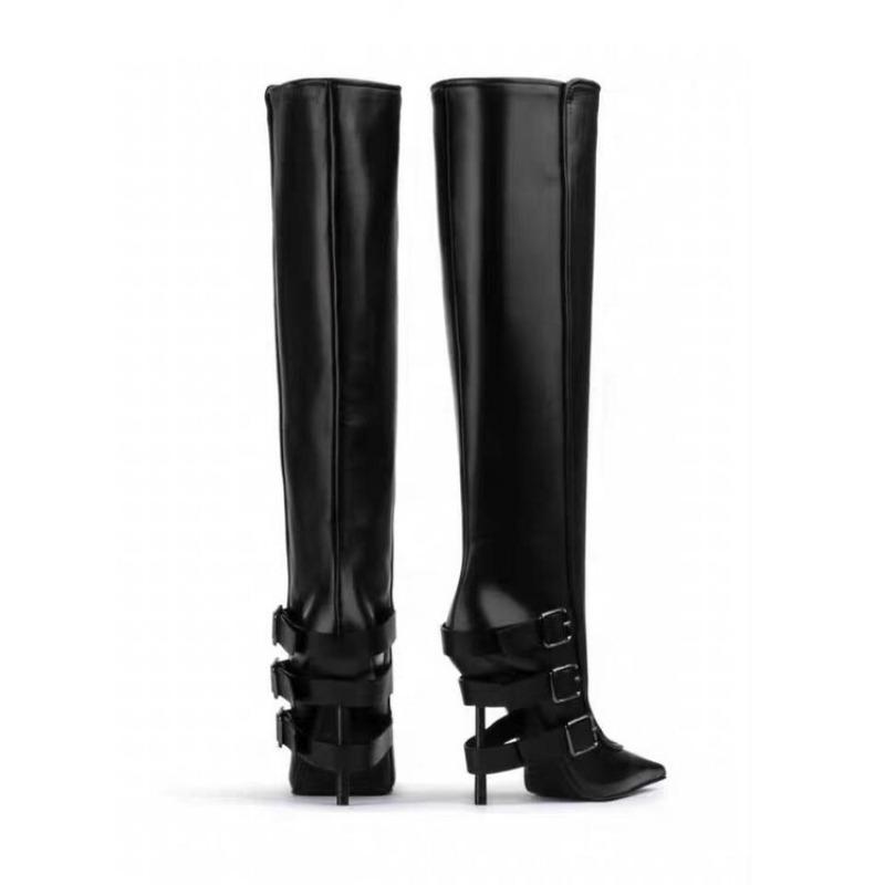 Fashion New Black Belt Buckle Tab High-heel Knee High Boots Autumn Winter Women Fashion Pole Dance Pointed Solid Color Long Boots 35-44