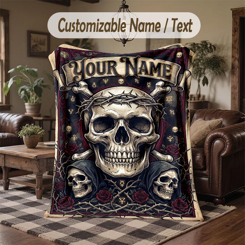 Skeletal Coffee Enthusiast Theme Throw Blanket Custom Name Text Personalized Blanket Soft Cozy Blanket for Home Sofa Bed