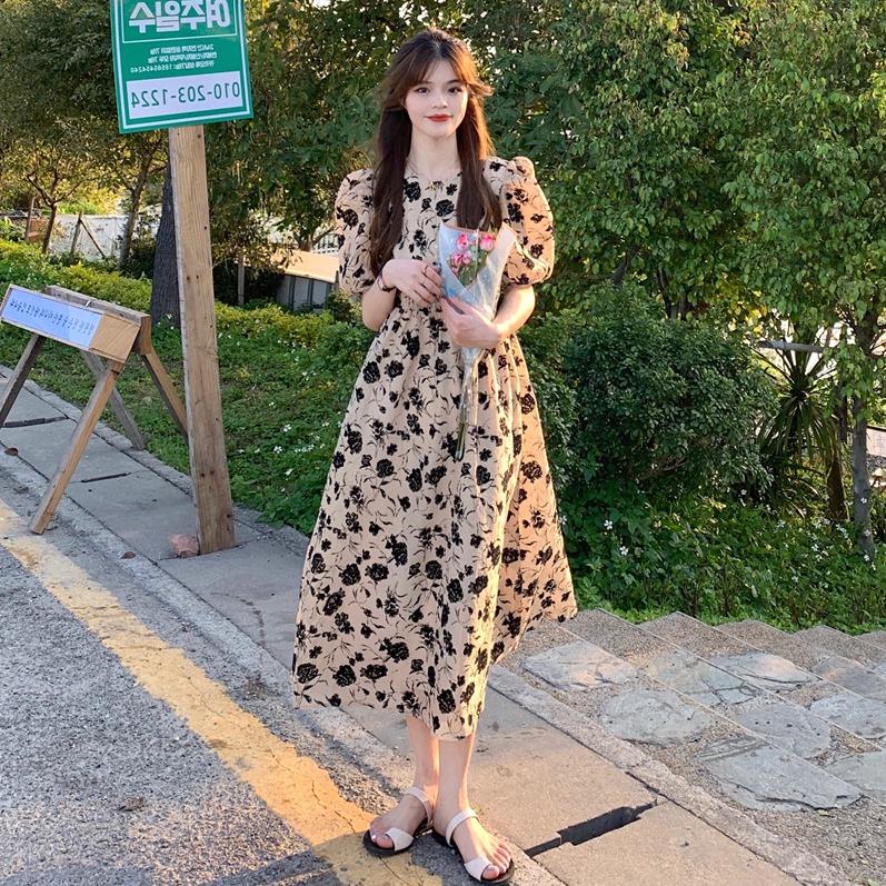 Women's French Retro Floral Puff Sleeve Dress - Summer Slim Fit, High Waist Mid-Length Skirt