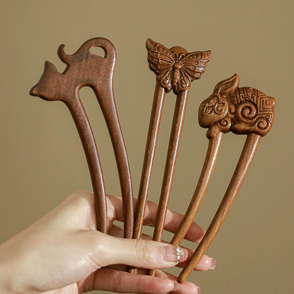Wood Wooden Hair Stick U-Shaped Hair Fork Cat Butterfly Chinese Fashion Hairpin Buns Rabbit Headwear Girl Hair Accessories
