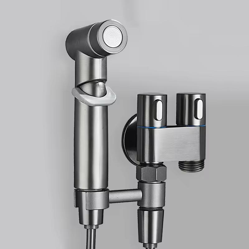 Stainless Steel Double Outlet Angle Valve High-pressure Wall-mounted Portable Bidet Toilet Spray Unit Set