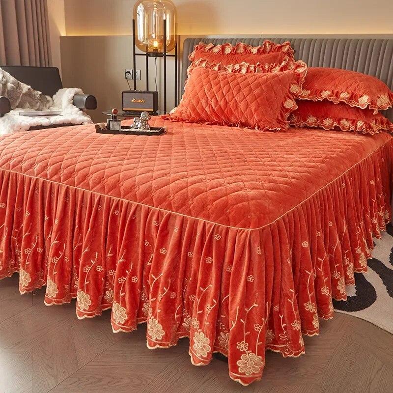 Стеганое покрывало с цветочной вышивкой, плотная бархатная юбка-кровать, роскошная мягкая юбка с 2 подушками, дропшиппинг Queen King