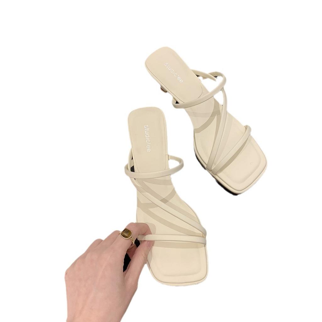 Версия из овчины французские тонкие ремешки квадратный носок тонкий высокий каблук крутые шлепанцы женские летние новинки фея ветер открытый носок римские сандалии женские