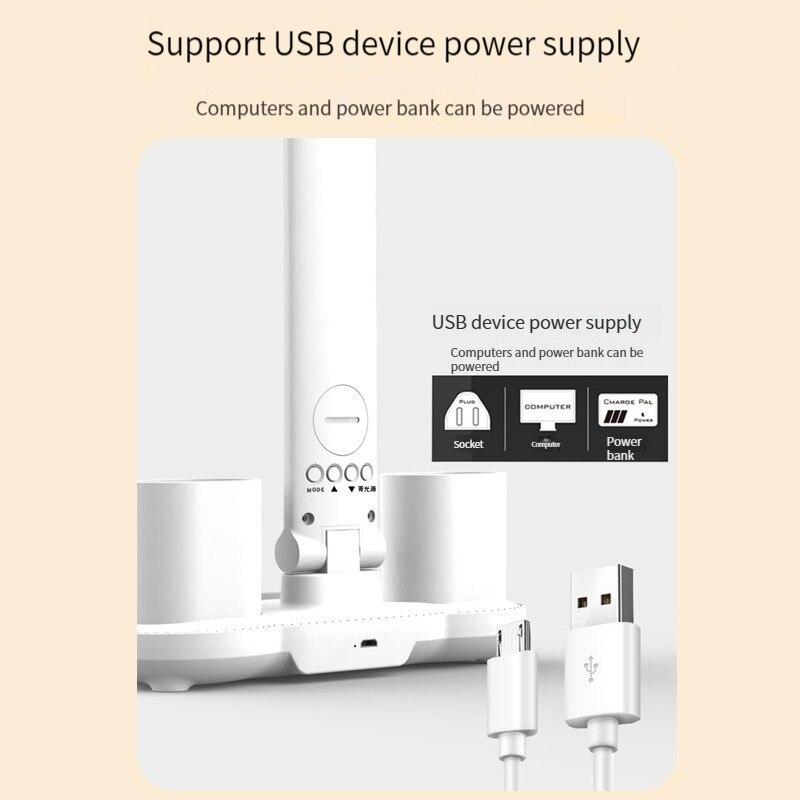 Настольная лампа со светодиодными часами, перезаряжаемая/подключаемая через USB, настольная лампа с регулируемой яркостью, 2 головки, 180, вращающаяся, складная, для защиты глаз, ночник для чтения