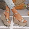 Fashion Pu Leather Weave Wedge Sandals for Women Fashion Gold Chunky Platform Sandals with Ankle Strap Summer Thick Bottom Beach Shoes