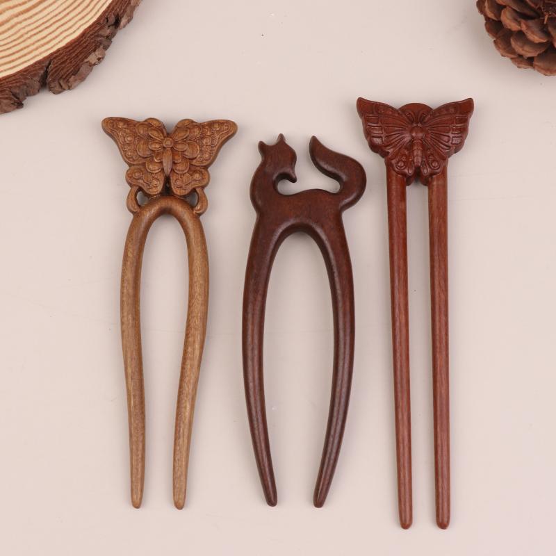 Wooden Hair Stick U-Shaped Hair Fork Cat Butterfly Chinese Style Hairpin Headwear Girl Hair Accessories