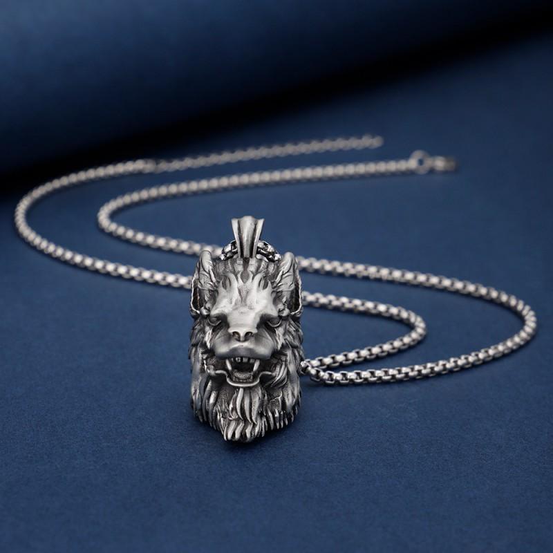 Mens Vintage Wolf Head Pendant Necklace Titanium Steel Box Chain Animal Style Statement Jewelry Halloween Party