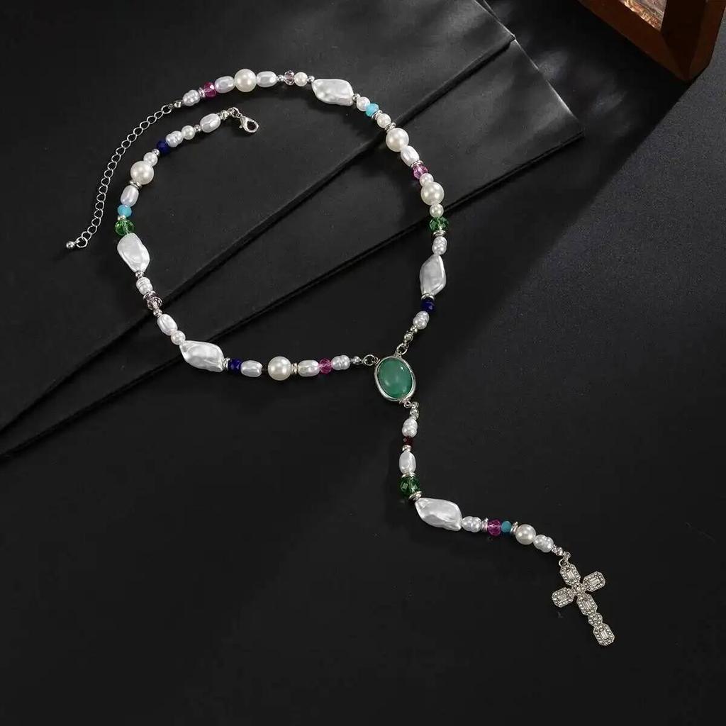 SHIXIN Hiphop Punk Jesus Cross Pendant Necklace for Men Simple Inlay Acrylic Crystal Y Shape Clavicle Chain Party Jewelry Gifts
