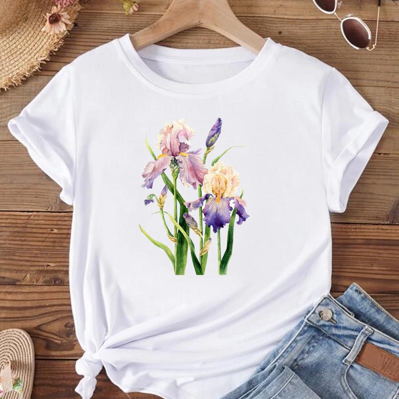 (Asian Size) Women Print Tee Top Fashion T Shirt Woman Female T Flower Watercolor Trend 90s Clothing Short Sleeve Graphic T-shirts