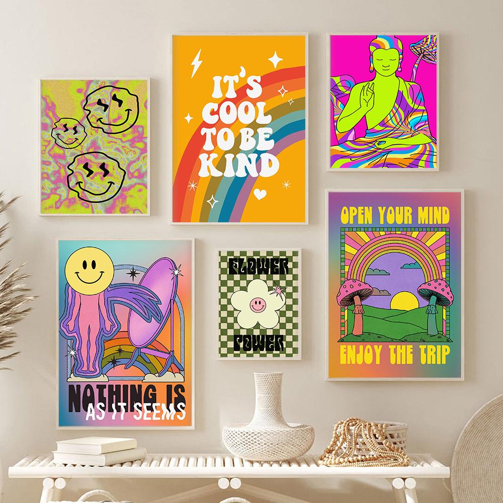 Bohemian Colourful Trippy Spiritual Flower Art Poster Print Retro Fashion Rainbow Smiley Face Canvas Painting Nursery Room Decor