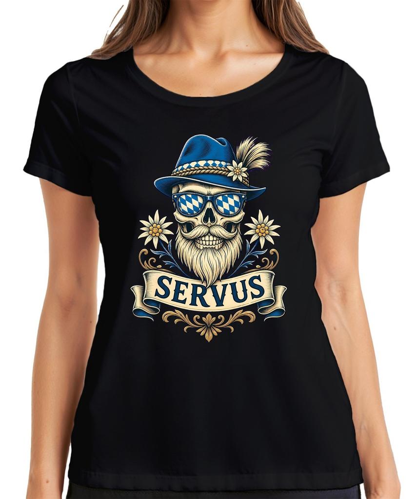 Servus skull beard costume hat Edelweiss Bavaria Lederhosen Oktoberfest women's T-Shirt