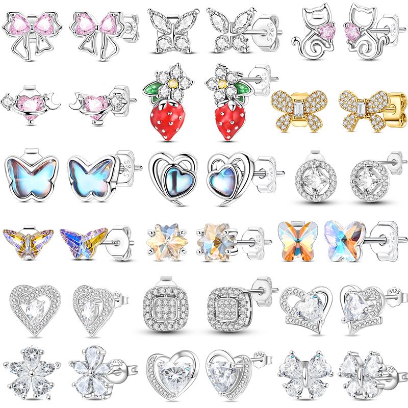 Earrings 925 Silver Shining Snowflake Mini Butterfly Ear Studs For Women Fine Birthday Party Jewelry Gifts
