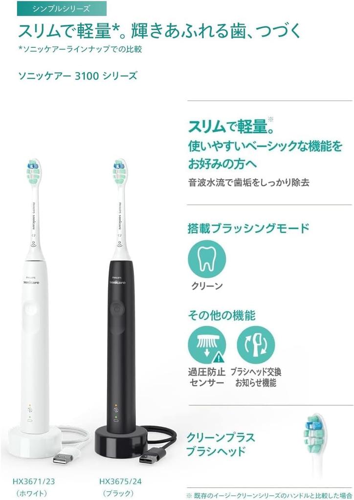 Philips Sonicare 3100 Series Electric Toothbrush Set of White (Lightweight/USB Rechargeable, 2) HX3675/24
