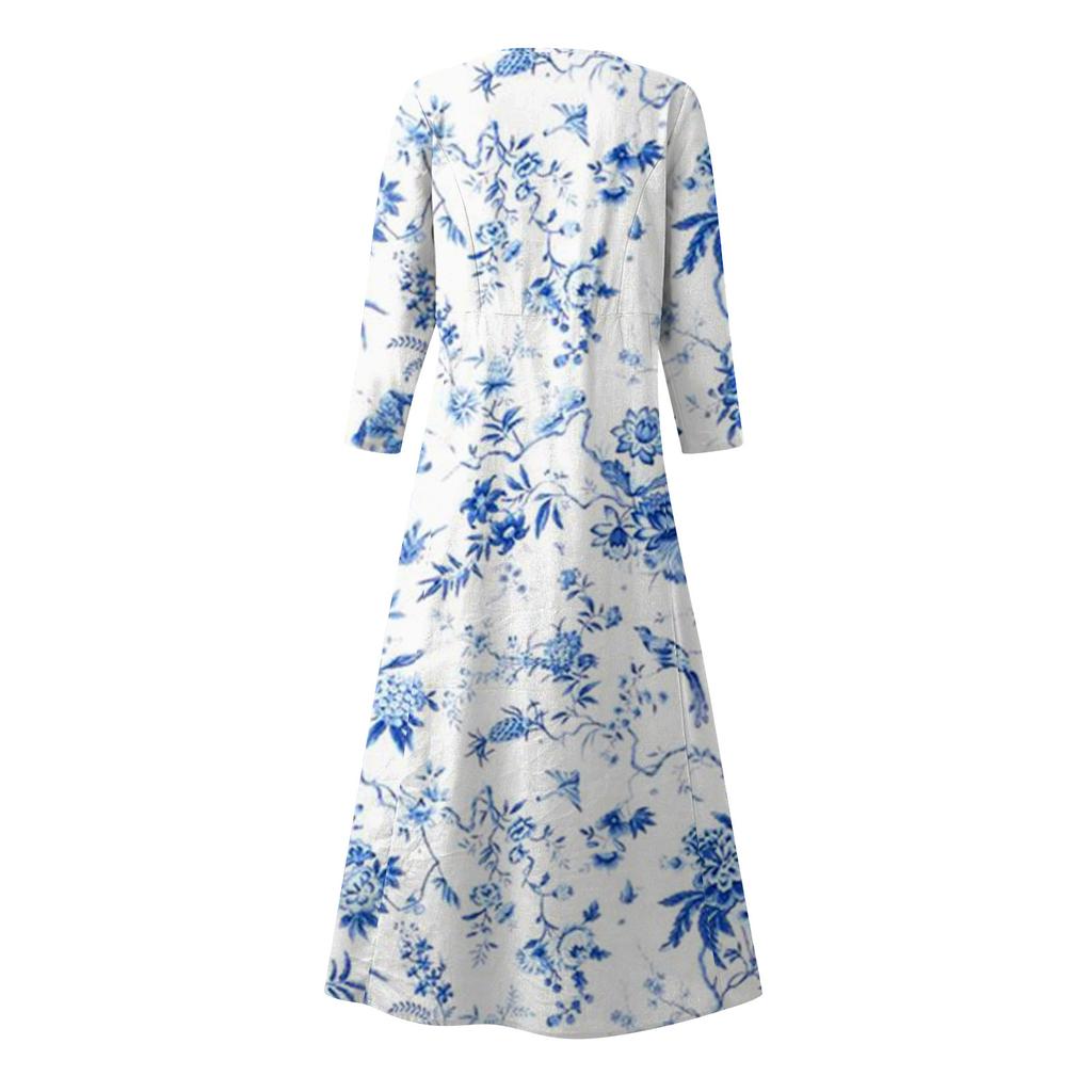 Женское модное повседневное свободное карманное платье с круглым вырезом и рукавами 3/4