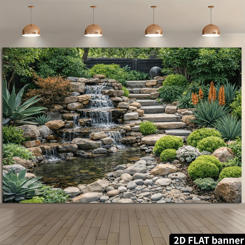 2D planar courtyard stone steps, cascading waterfalls and waterfall background fabric - landscape theme