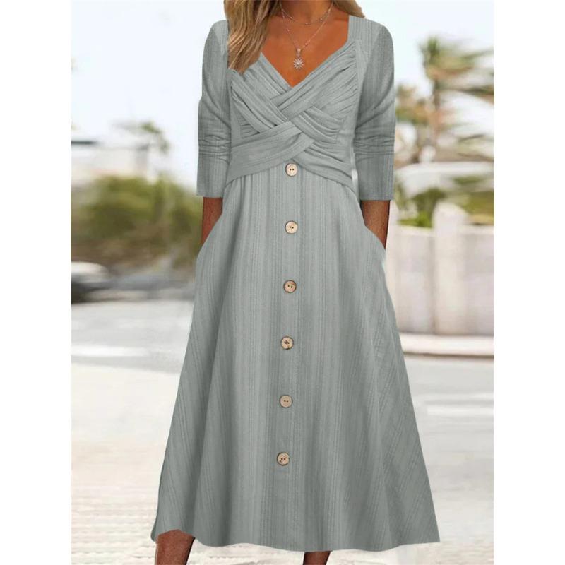 Весеннее и осеннее женское платье, однотонное повседневное платье с длинными рукавами и v-образным вырезом на пуговицах, длинные платья