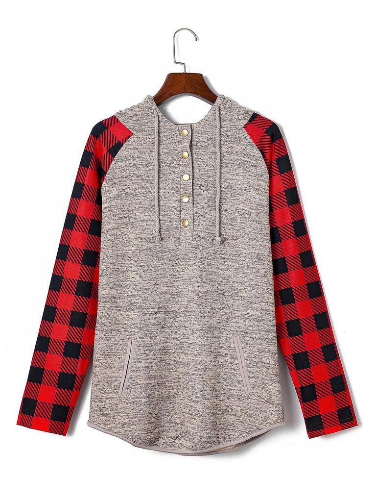 Shiying Плед Колорблок Вафельный Свитшот - Женский Повседневный Осенне-Зимний Топ на Пуговицах