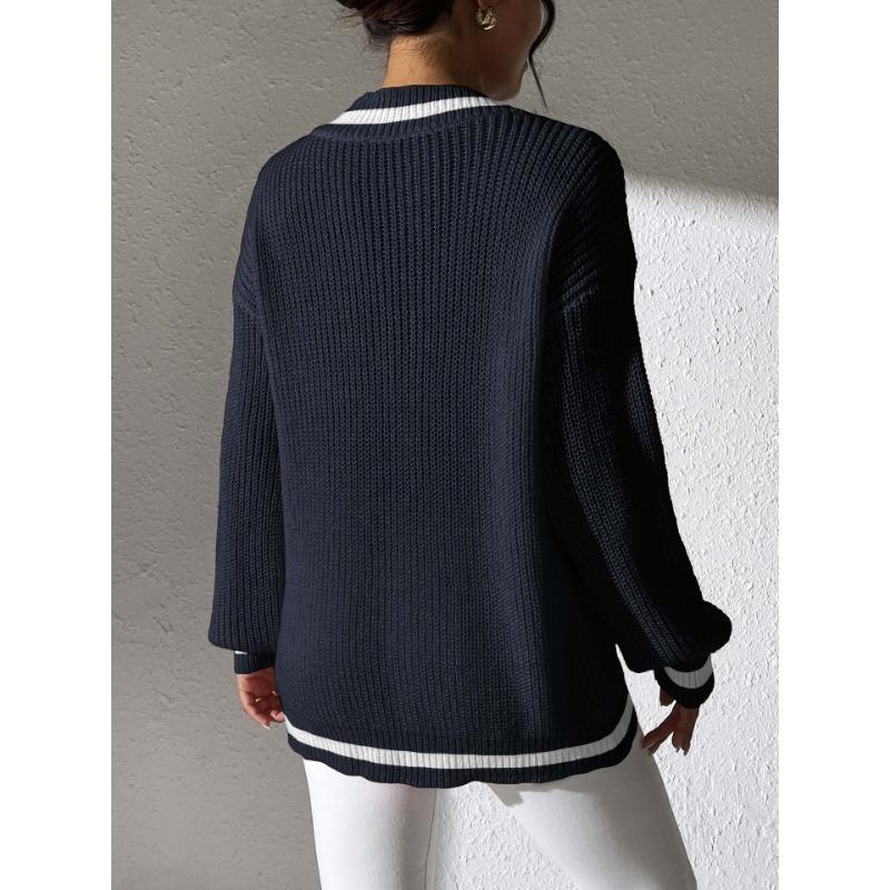 Autumn and Winter Women's Color Contrast Stitching V-neck Long Sleeve Beaded Casual Sweater