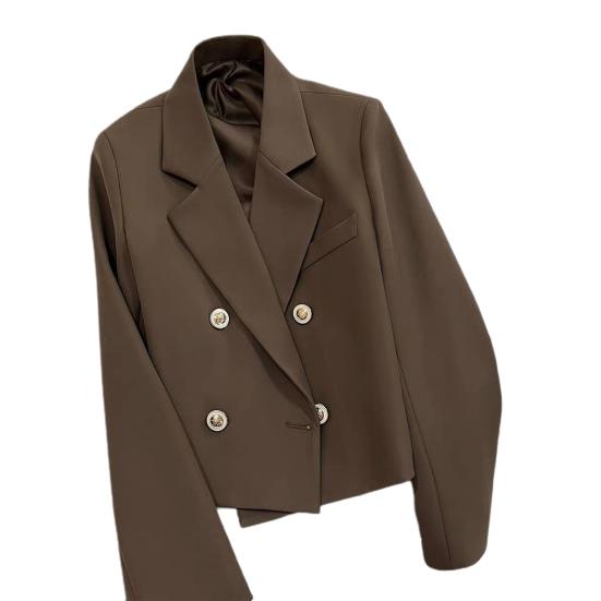 Spring Women Breasted Office Cropped Blazer Lapel Solid Color Long Sleeve Double Jacket Suit Coat