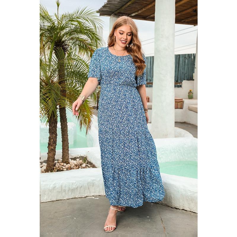 Новое повседневное платье для отпуска с цветочным принтом, круглым вырезом, коротким рукавом, миди-платьями
