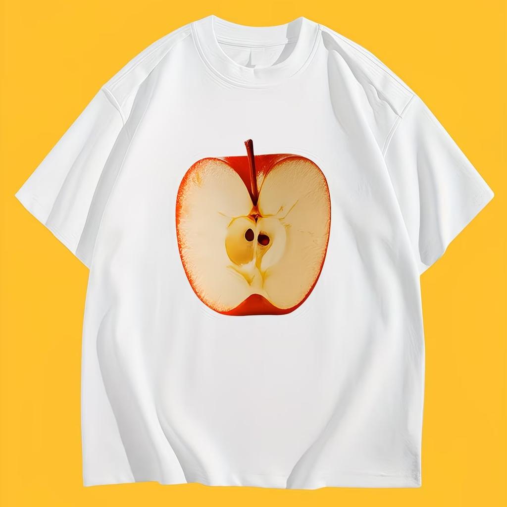 Aesthetic Red Apple Graphic TShirt Creative Fruit Slice Print Tee Summer Short Sleeve Unique Art Design Trendy Fashion Tops