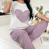 2 Pcs/Set Women Winter Pajamas Set Round Neck Heart Pattern Short Sleeve Homewear Top Pants Set Loose Loungewear Lady Nightwear Set