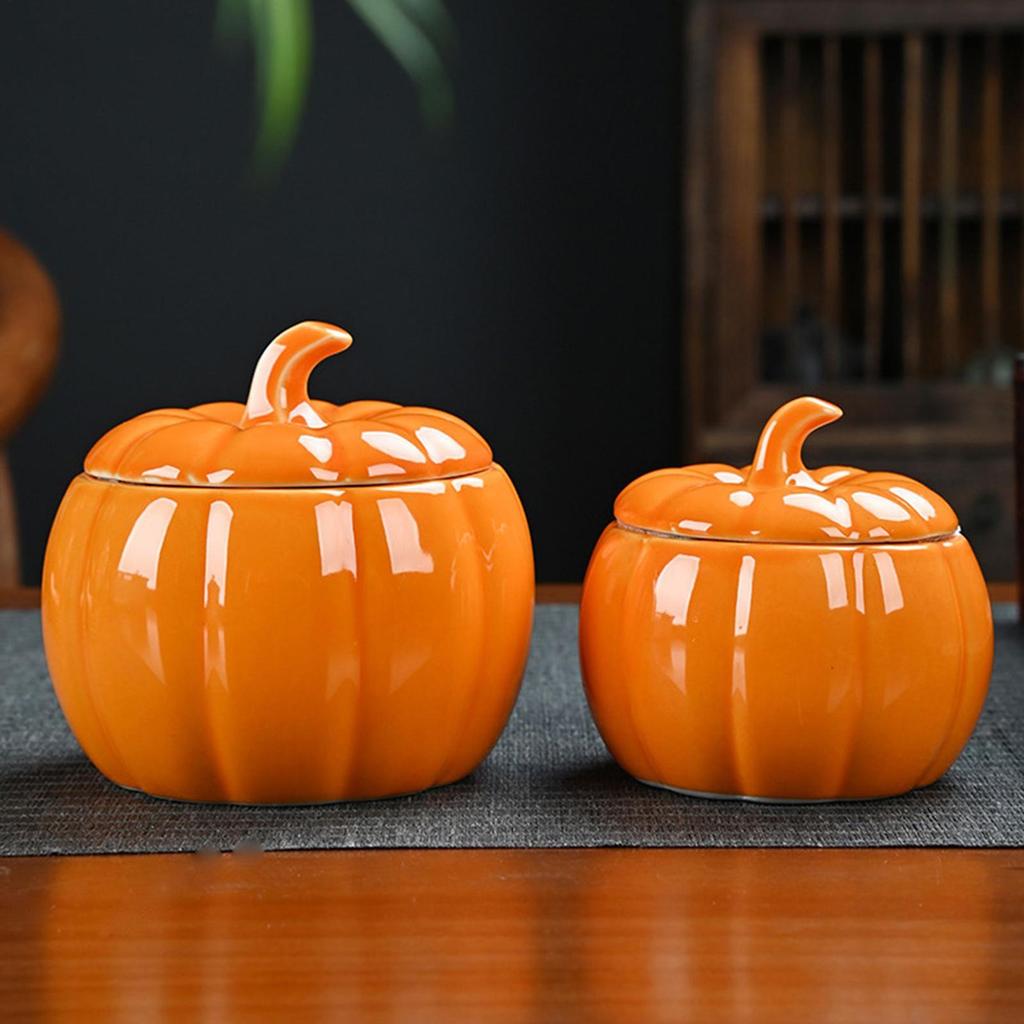 Small Ceramic Pumpkin Jar with Lid Food Storage Container for Candy Treats Kitchen Canisters Party Fall Home Table Decoration