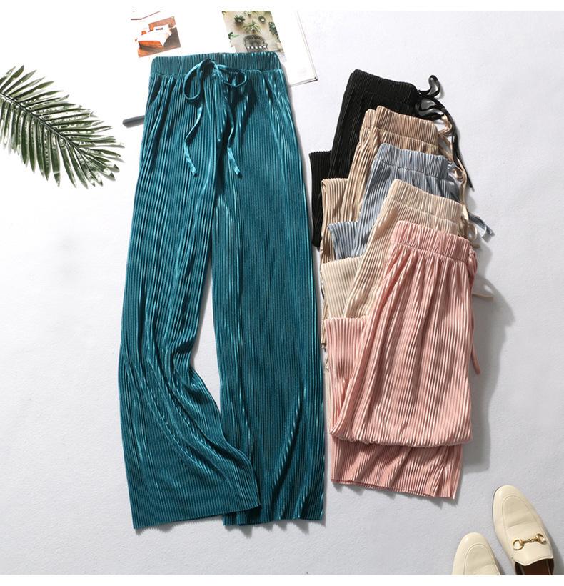 Women Fashion Summer Wide Leg Pants Pleated Ice Silk Trousers Elastic Waist Loose Casual Pants