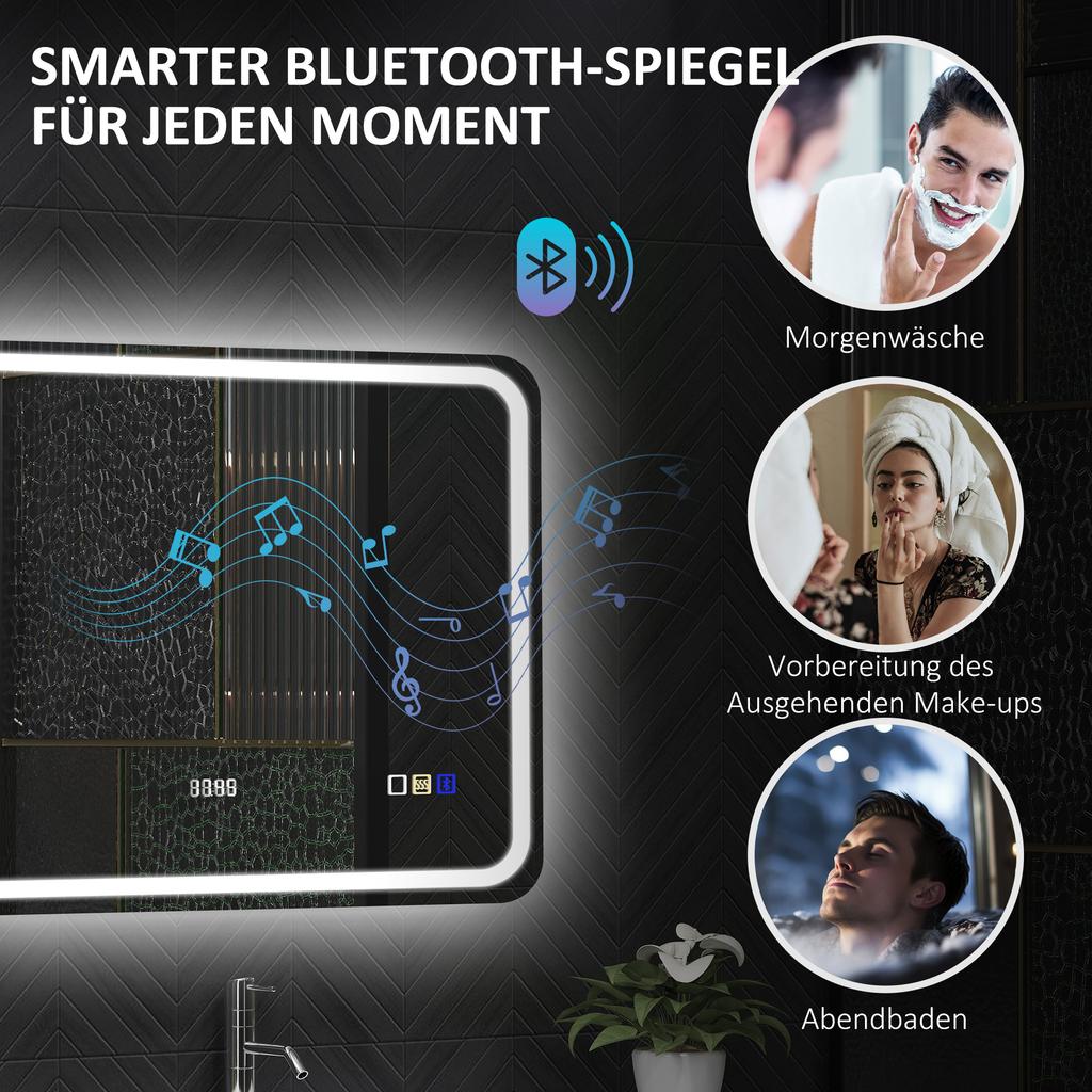 Bathroom Mirror With LED Lighting Anti Fog Pad 3 Adjustable Colors Clock 700 X 900 Mm Silver
