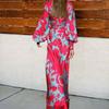 Women Fall Red Rose Print Deep V-neck Lantern Sleeve Empire Waist Party A-line Maxi Dress