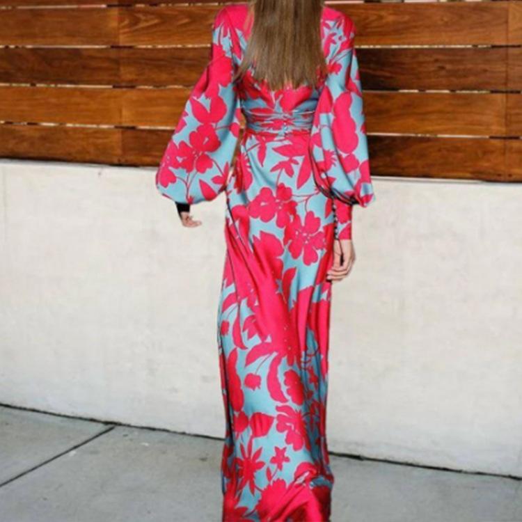 Women Fall Red Rose Print Deep V-neck Lantern Sleeve Empire Waist Party A-line Maxi Dress