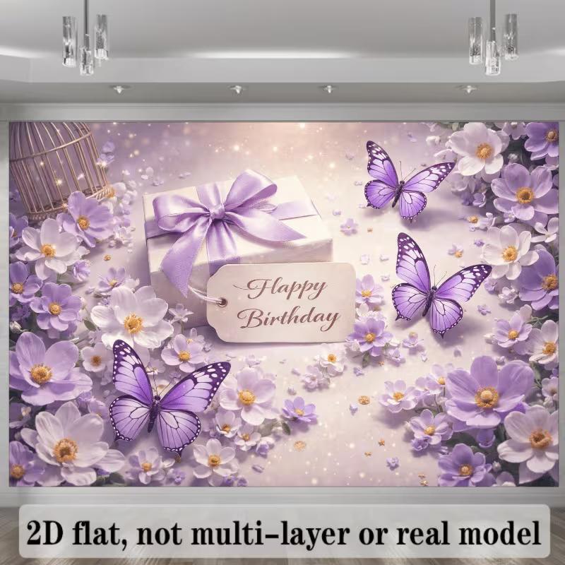 2D Elegant Purple Flower Butterfly Themed Birthday Decor Banner