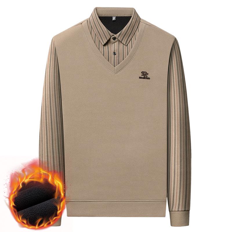 Men's Winter Wool Silk Lapel Two-in-One Sweater with Fleece Lining