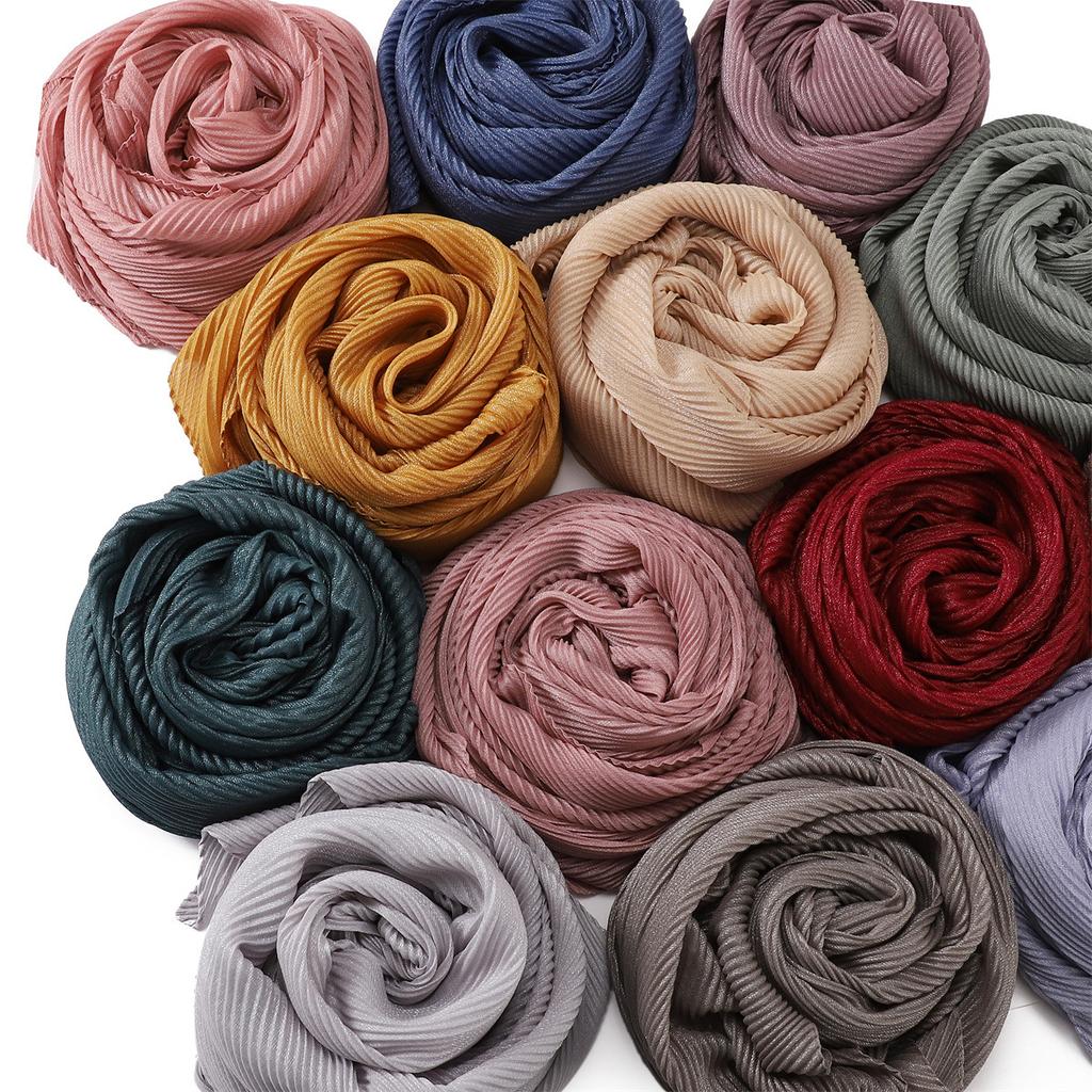 High Quality Breathable Women's Shiny Pleated Hijab Scarf Fashion Polyester Golden Sliver Crinkle Head Wraps Islamic Turban