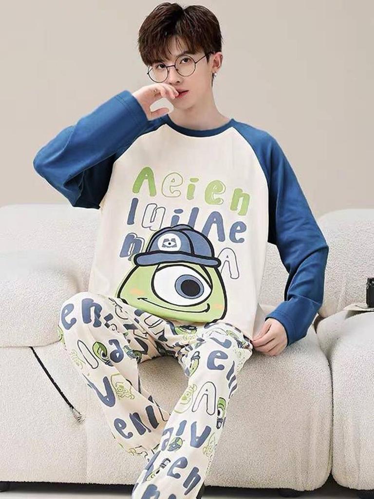 Мужской пижамный комплект большого размера с мультяшным принтом: С длинным рукавом, тонкий, для весны, осени и зимы - домашняя одежда для подростков и студентов.