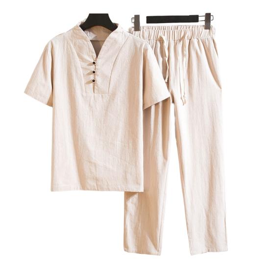 Футболка, брюки, костюм, модные карманы, пуговицы, мужской летний спортивный костюм, однотонный комплект из рубашки и брюк, мужской комплект из рубашки и брюк, мужская одежда