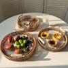 New Handwoven Rattan Basket With Handle Round Shape Storage Tray Breakfast Bread Food Plastic Rattan Threads Basket