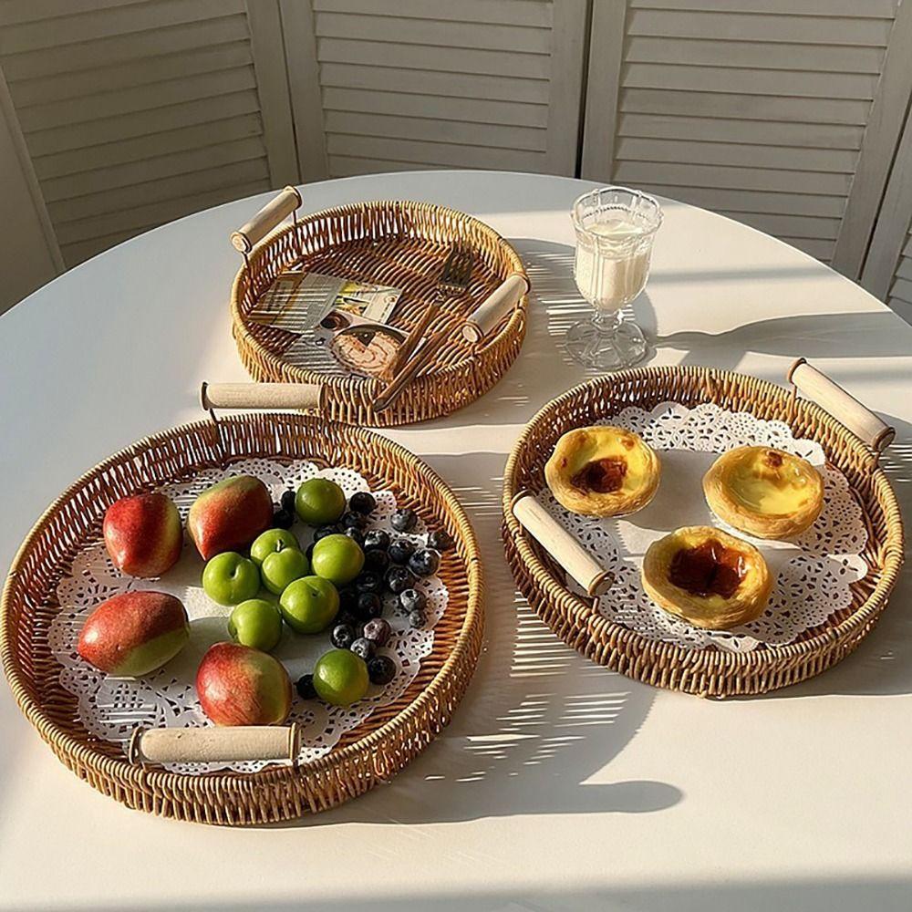 New Handwoven Rattan Basket With Handle Round Shape Storage Tray Breakfast Bread Food Plastic Rattan Threads Basket
