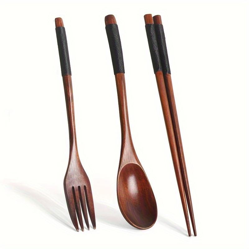 Portable 3-piece Set Korean Wooden Tableware Fork Spoon Chopsticks Solid Wood Long Handle Spoon Chopsticks Tableware Dinnerware