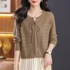 Round Neck Lace Up Hollowed Out Long Sleeved T-shirt Women's Short Base Sweater Knitted Sweater, Loose Mom Outfit