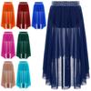 Girls Lyrical Dance Skirt Shiny Rhinestones Waistband Side Slit High Low Irregular Mesh Skirt