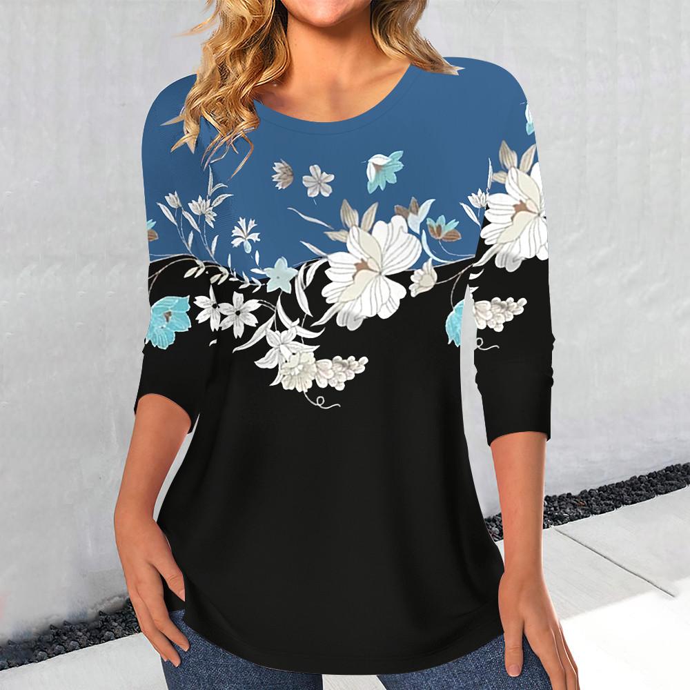 Women's Casual Rose Print T-shirts Elegant Fashion Clothes Streetwear Vintage Long Sleeve Loose Tops