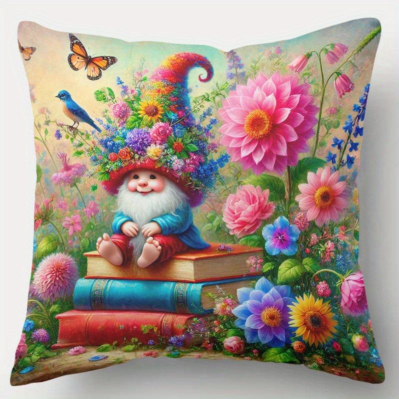 pc D Flat (Pillow Not Included) Garden Gnome Books Flowers Cushion Cover Short Plush Fantasy Nature Decor Pillow Case