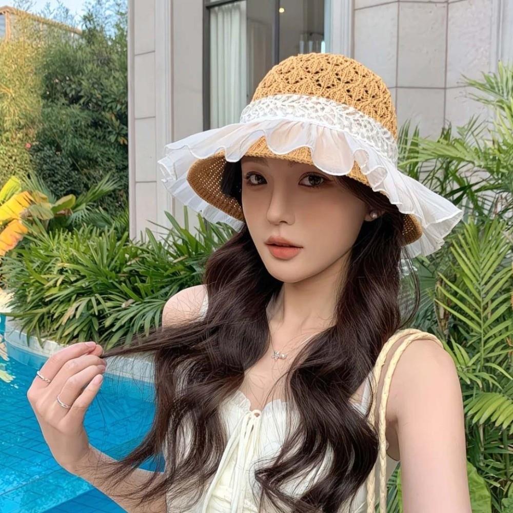 Breathable Vacation Beach Cap with Lace Bow Woven Sun Cap Wide Brimmed Straw Hat Women